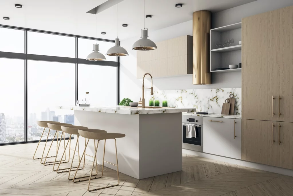 Cuisine moderne et lumineuse avec îlot central, conçue par un architecte Aix-en-Provence