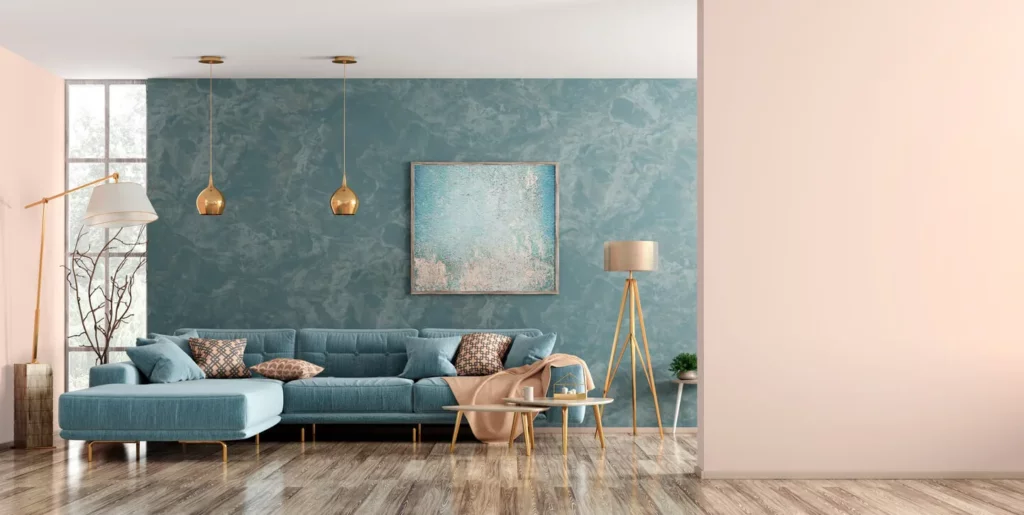 Salon spacieux au style scandinave avec teintes bleues et roses, conçu par un architecte à Issy-les-Moulineaux