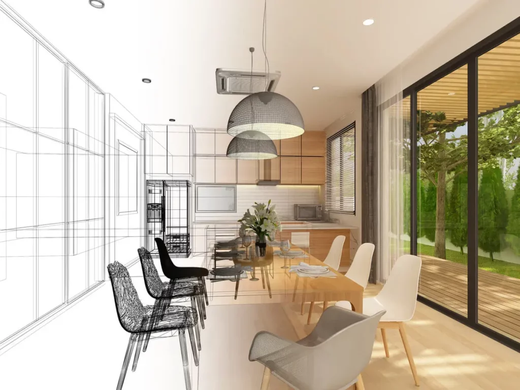 Dessin avant-après d’une salle à manger rénovée par un architecte à Colombes, illustrant une transformation moderne