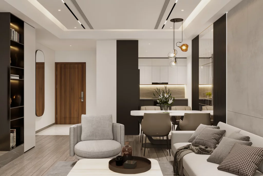 Aménagement élégant d’un salon ouvert sur une salle à manger et une cuisine moderne, réalisé par un architecte d'intérieur à Meudon