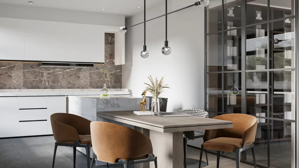 Cuisine ouverte et salle à manger design avec matériaux nobles, réalisée par un architecte d'intérieur à Meudon