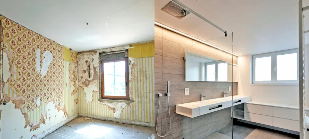 Avant-après d’une salle de bain rénovée par un architecte à Arcachon, transformée en un espace moderne et fonctionnel