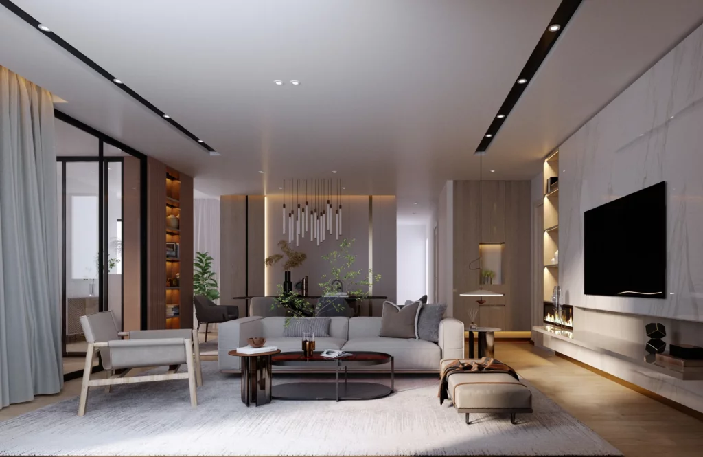 Salon contemporain spacieux avec éclairage intégré et décoration raffinée, conçu par un architecte d'intérieur à Meudon