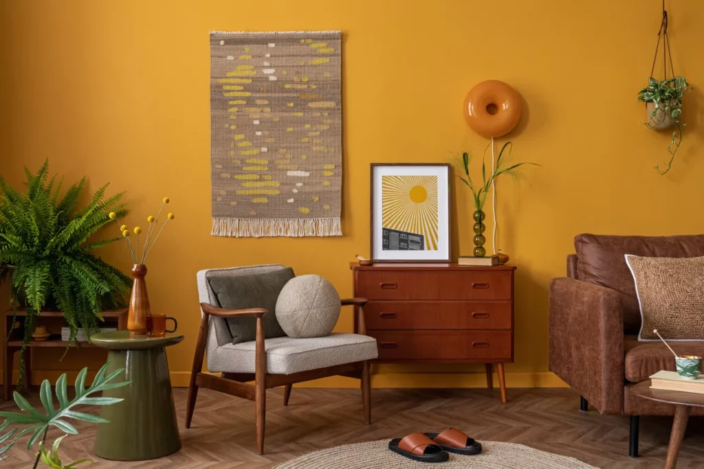 Décoration intérieure chaleureuse aux teintes jaunes, conçue par un architecte d'intérieur à Arcachon, créant une ambiance accueillante