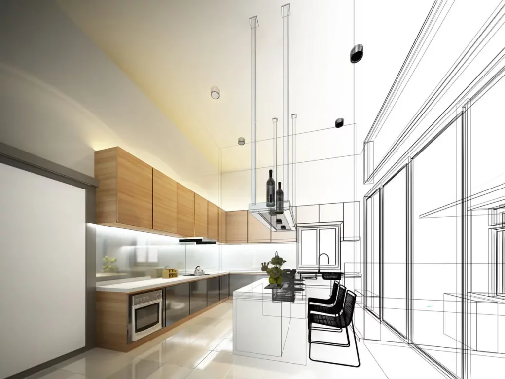 Dessin avant-après d’une salle à manger, réalisée par un architecte d'intérieur à Arcachon, montrant une rénovation élégante