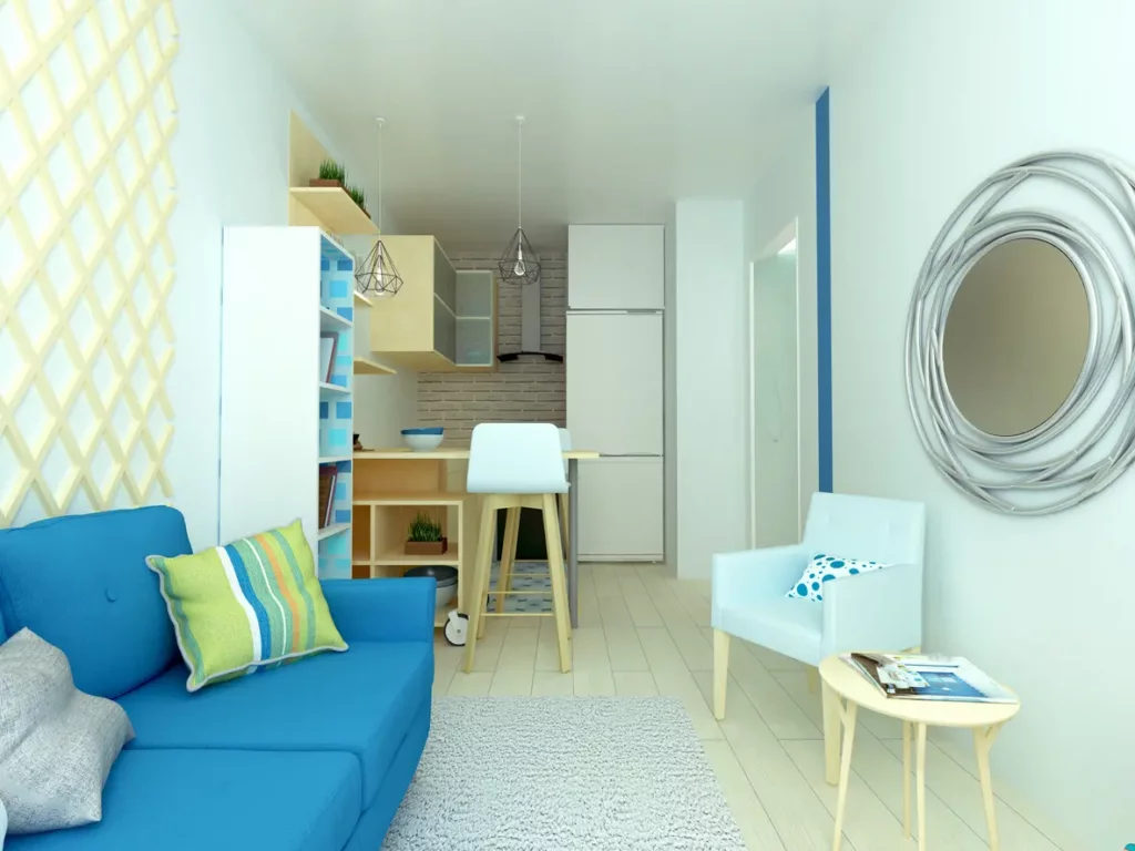 Petit appartement coloré et bien agencé par un architecte intérieur à Grenoble, avec mobilier compact et ambiance contemporaine