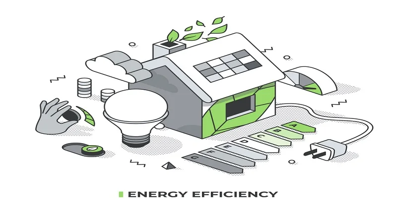 L'efficacité énergétique dans une maison, mettant en avant des éléments comme les panneaux solaires, les ampoules basse consommation, et les indicateurs de performance énergétique, associés à des gestes éco-responsables.