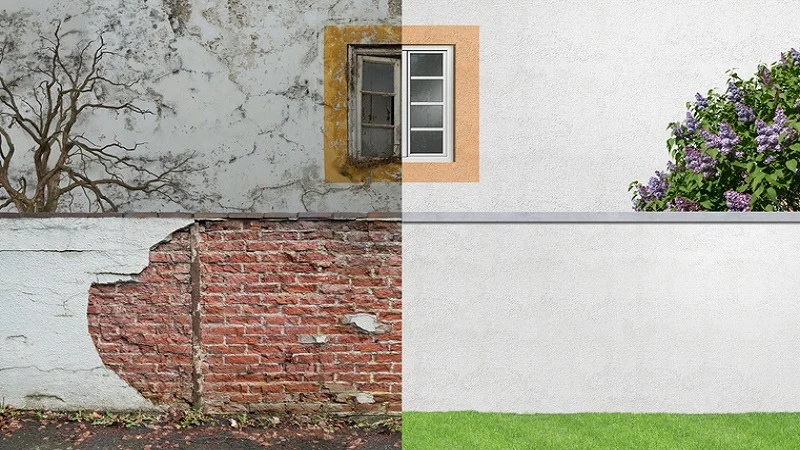 Un contraste saisissant entre l'état avant et après rénovation d'une façade de maison, passant d'une surface dégradée à une façade rénovée, lumineuse et accueillante, mettant en avant l'impact transformateur des travaux