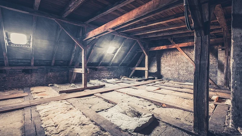 Des combles d’une maison ancienne, avec une charpente en bois apparente, des murs en briques, et un sol en cours de rénovation, laissant entrevoir des traces d’isolation à remplacer.