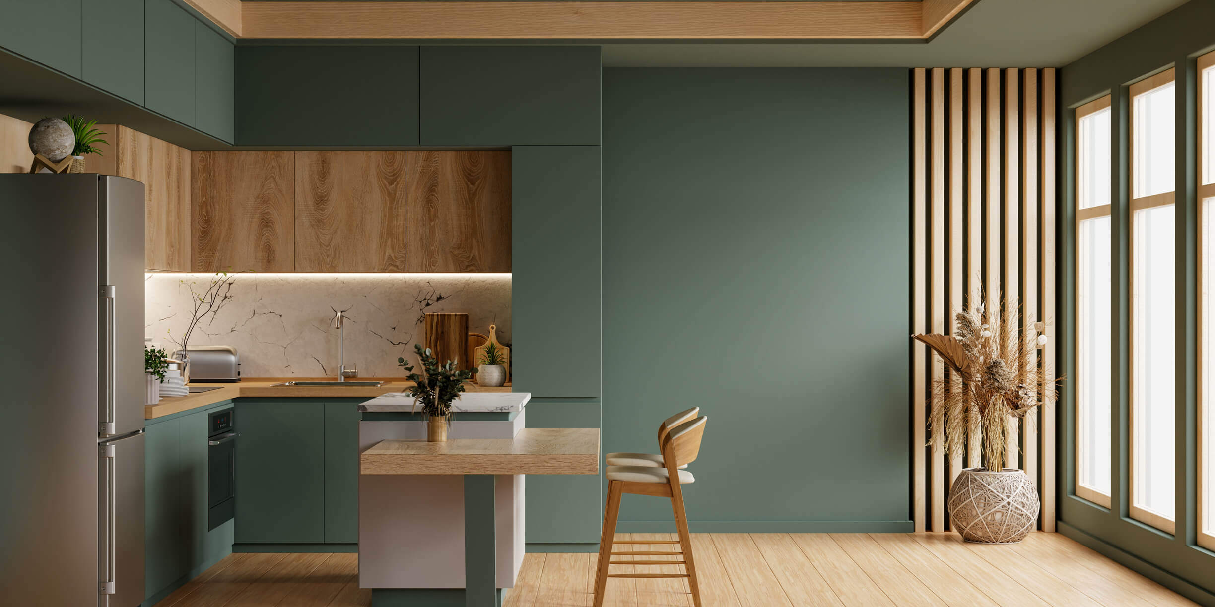 Vue sur le travail d'un décorateur d'intérieur Lyon dansd une cuisine et une salle à manger.