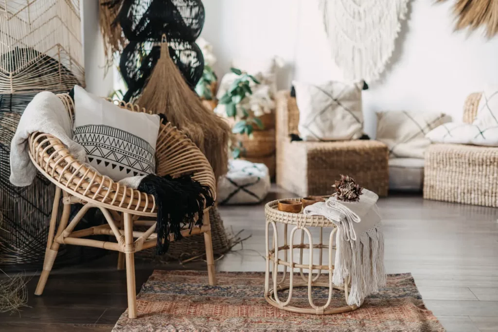 Vue sur une idée décoration intérieur bohème dans le salon.