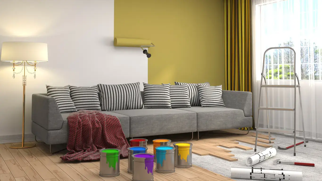 Salon rénové avant/après grâce à une aide pour la rénovation énergétique