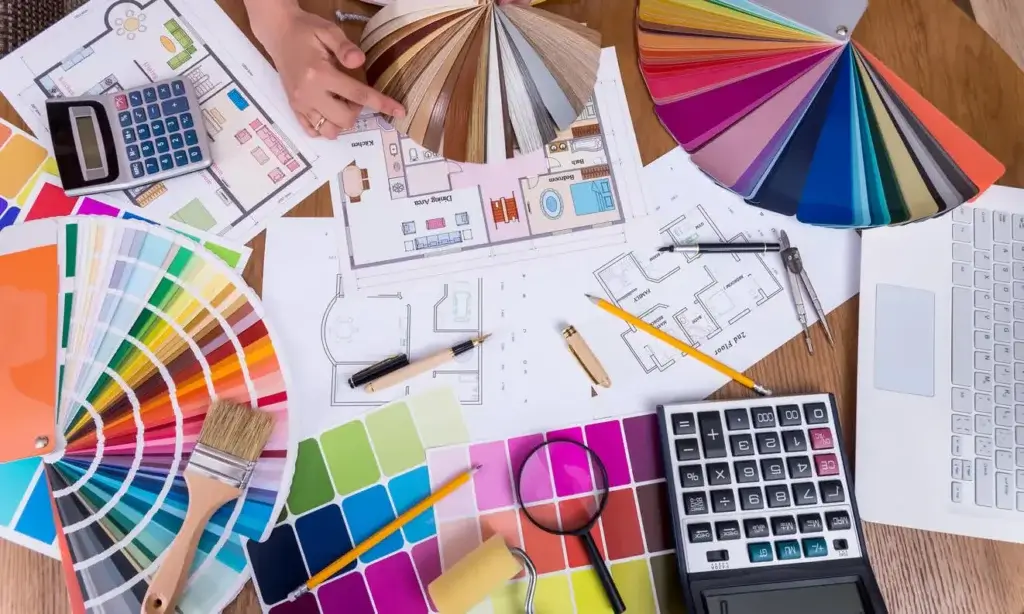 Le décorateur d'intérieur Caen choisit les couleurs et les matériaux parmi les échantillons.