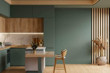 Vue sur le travail d'un décorateur d'intérieur Lyon dansd une cuisine et une salle à manger.