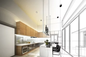 Dessin avant-après d’une salle à manger, réalisée par un architecte d'intérieur à Arcachon, montrant une rénovation élégante