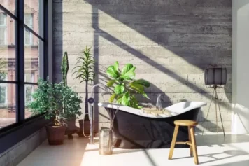 Salle de bain design avec vue extérieure, imaginée par un architecte d'intérieur au Blanc-Mesnil