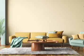 Vue sur une idée décoration intérieur salon minimaliste et moderne.