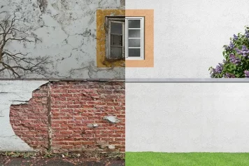 Un contraste saisissant entre l'état avant et après rénovation d'une façade de maison, passant d'une surface dégradée à une façade rénovée, lumineuse et accueillante, mettant en avant l'impact transformateur des travaux