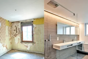 Avant-après d’une salle de bain rénovée par un architecte à Arcachon, transformée en un espace moderne et fonctionnel