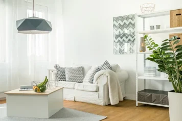 Salon entièrement blanc avec une touche végétale, conçu par un architecte d'intérieur à Clichy