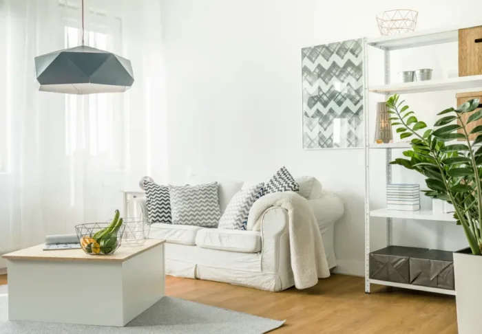 Salon entièrement blanc avec une touche végétale, conçu par un architecte d'intérieur à Clichy